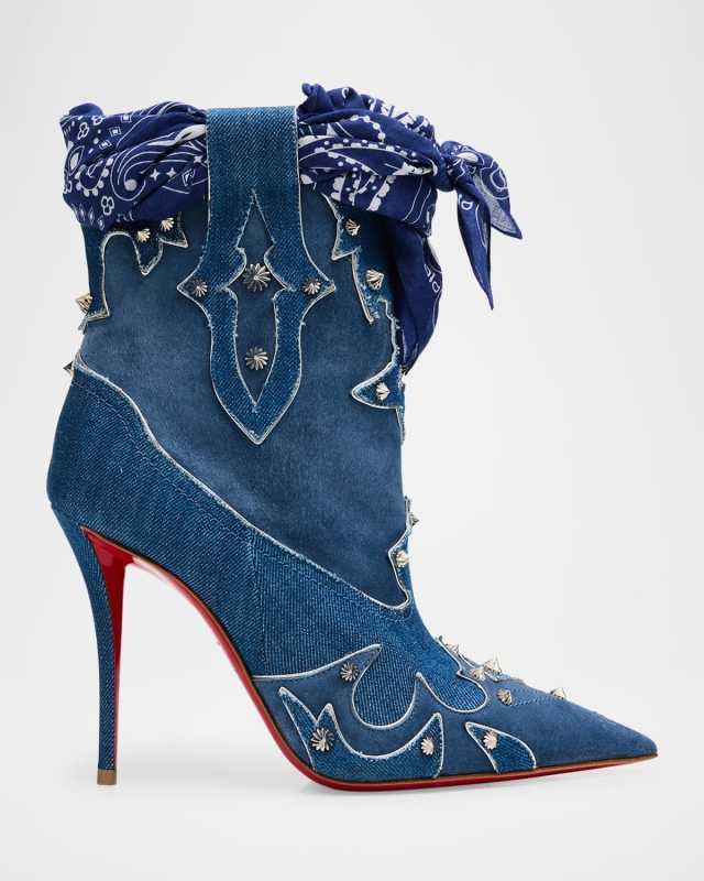 100mm Bootyiag Denim and Suede Bandana Western Booties